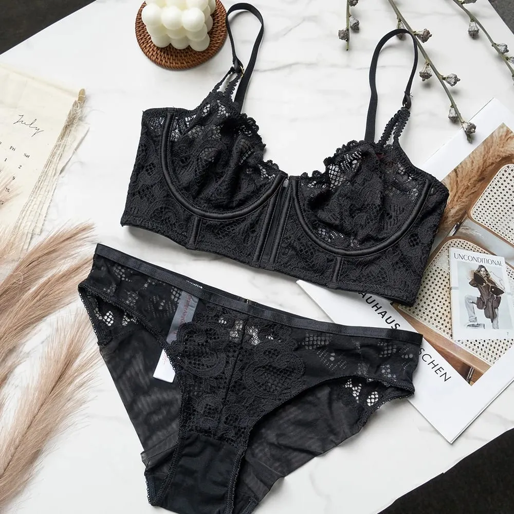 Women Vintage Black Floral Lace Lingerie Set Underwire Sheer Longline Bra And Panty 2‑Piece Gold Side Ring Detail Intimate Under — image 2