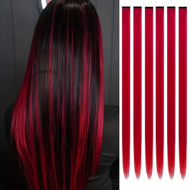22Inch Synthetic 6pcs Long Straight Hair Extension Colored Rainbow High-Temperature Fiber Hairpiece for Women Daily Party Use
