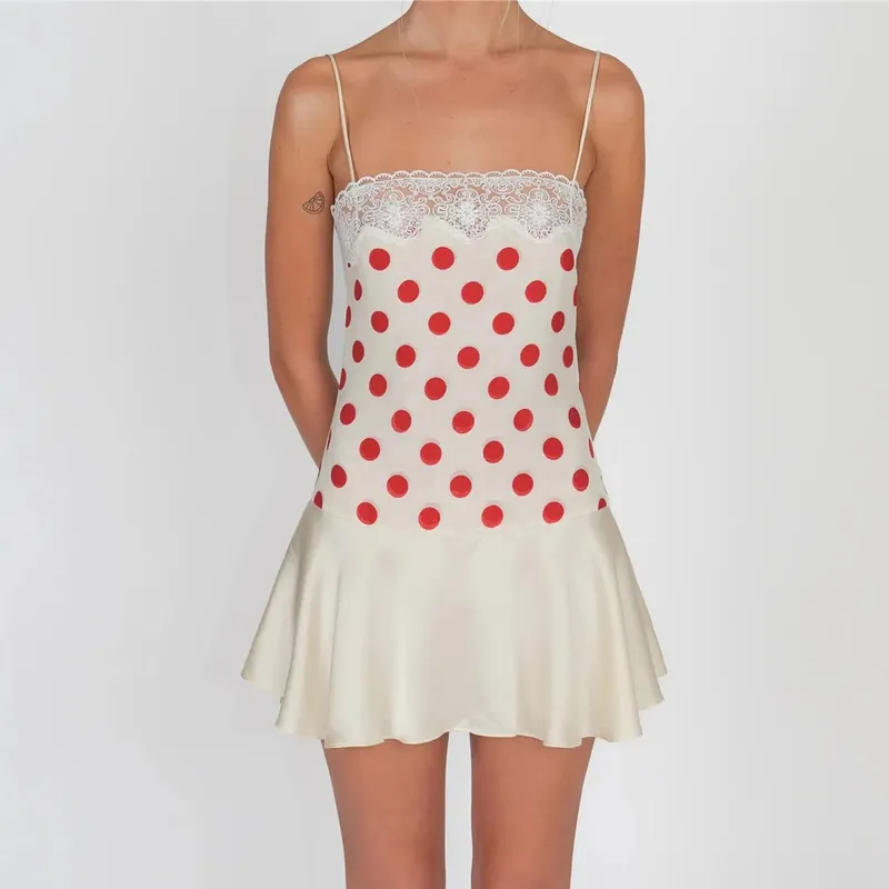 Women Y2K Polka Dot Cami Dress Lace Trim Spaghetti Strap Satin Ruffle Hem Bodycon Mini Dress Summer Casual Streetwear