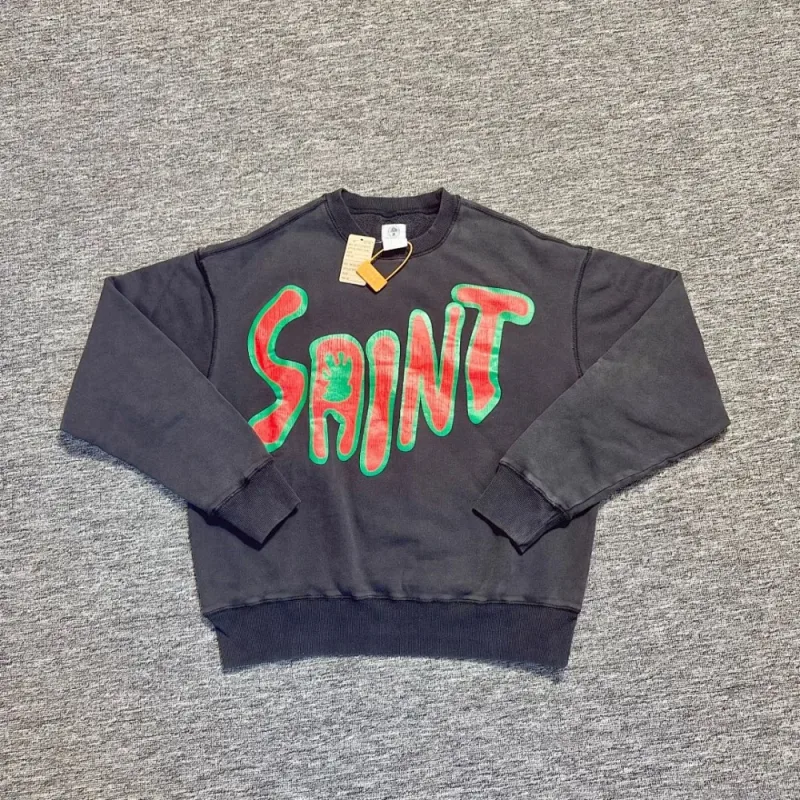 Saint Hoodies Terry Material O-Neck Coat Arrival Washing Retro Oversize Badge Loose Black Men Women Long Sleeve Cotton