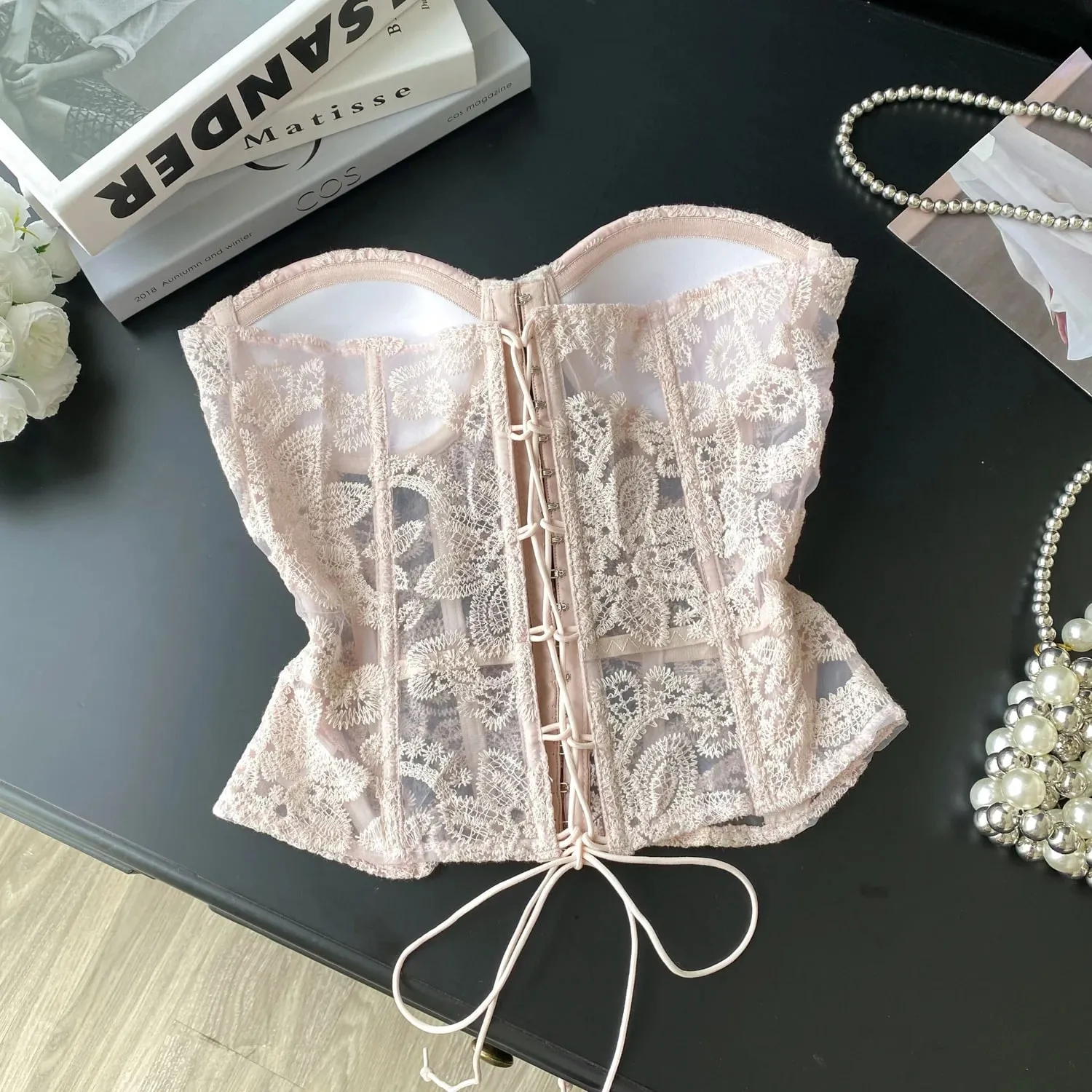 Floral Embroidery Sexy Club Top Female Strapless Slim Corset Backless Tank Top French Lace Up Basics Sheer Camisole — image 9