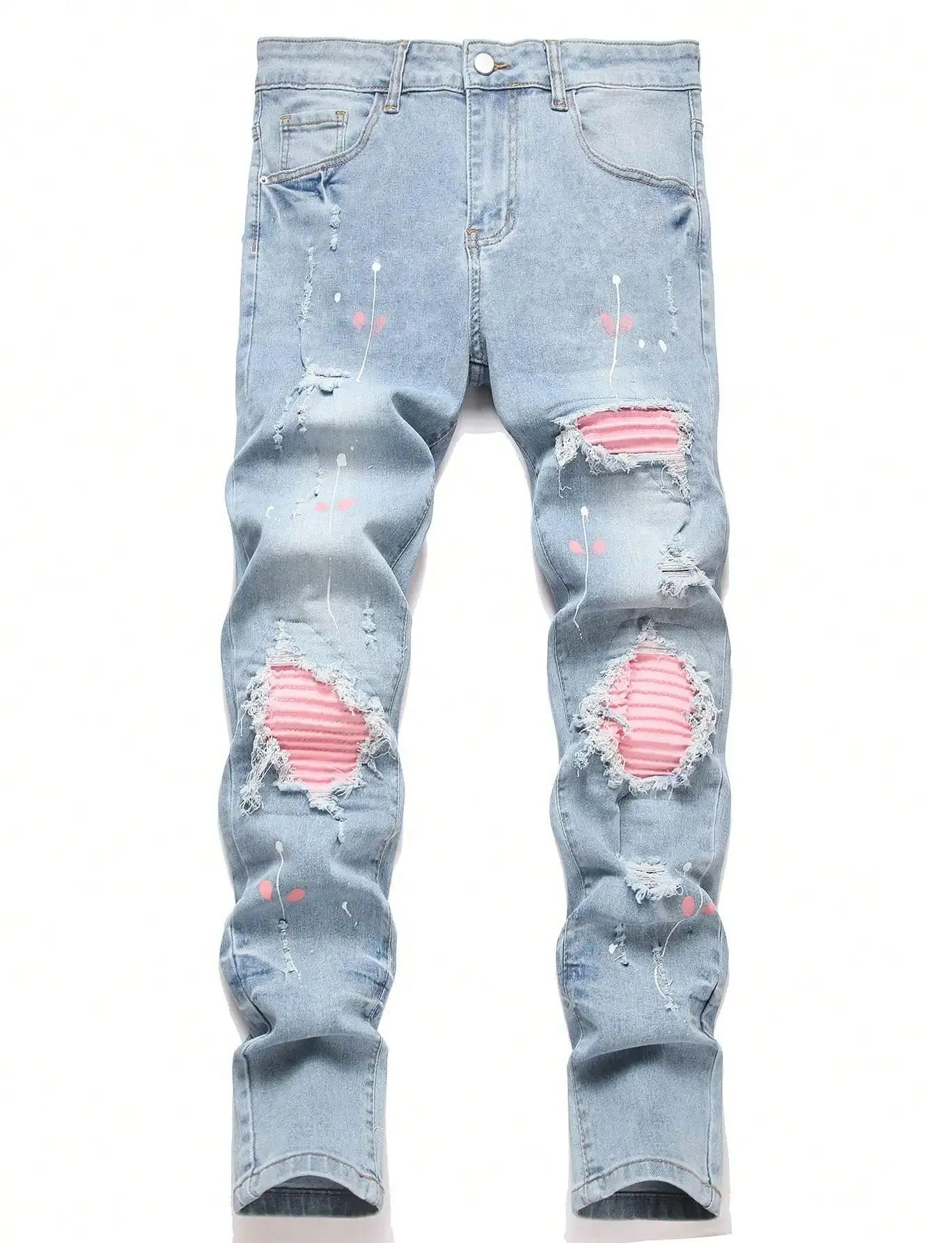 High Stretch Men Distressed Denim Jeans Ripped Hole Pink Biker Patches Paint Slim Fit Denim Trousers Casual Street Hip Hop Pants