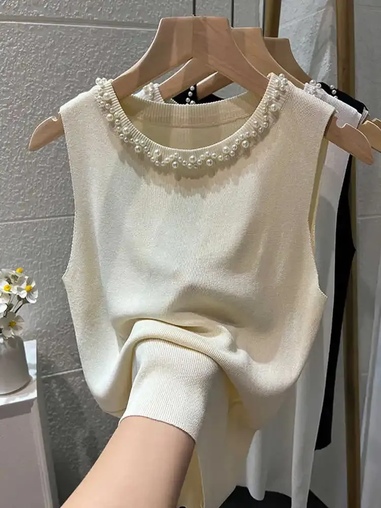 White Women Camisole 2026 New Summer Slim Thin Ice Silk Knit Vest Trendy Beaded Decor O-Neck Sleeveless Tank Top — image 2