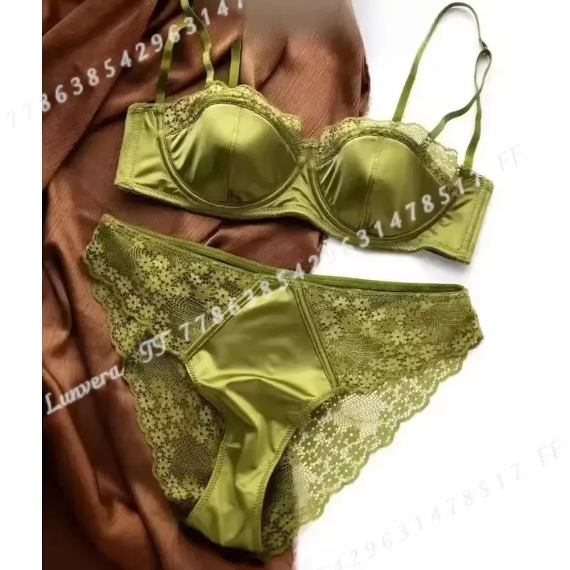 Sexy Satin Half Cup Bra Set with Steel Ring Thin Comfortable Upper Support Green Lace Edge Glossy Lingerie for Women — image 3