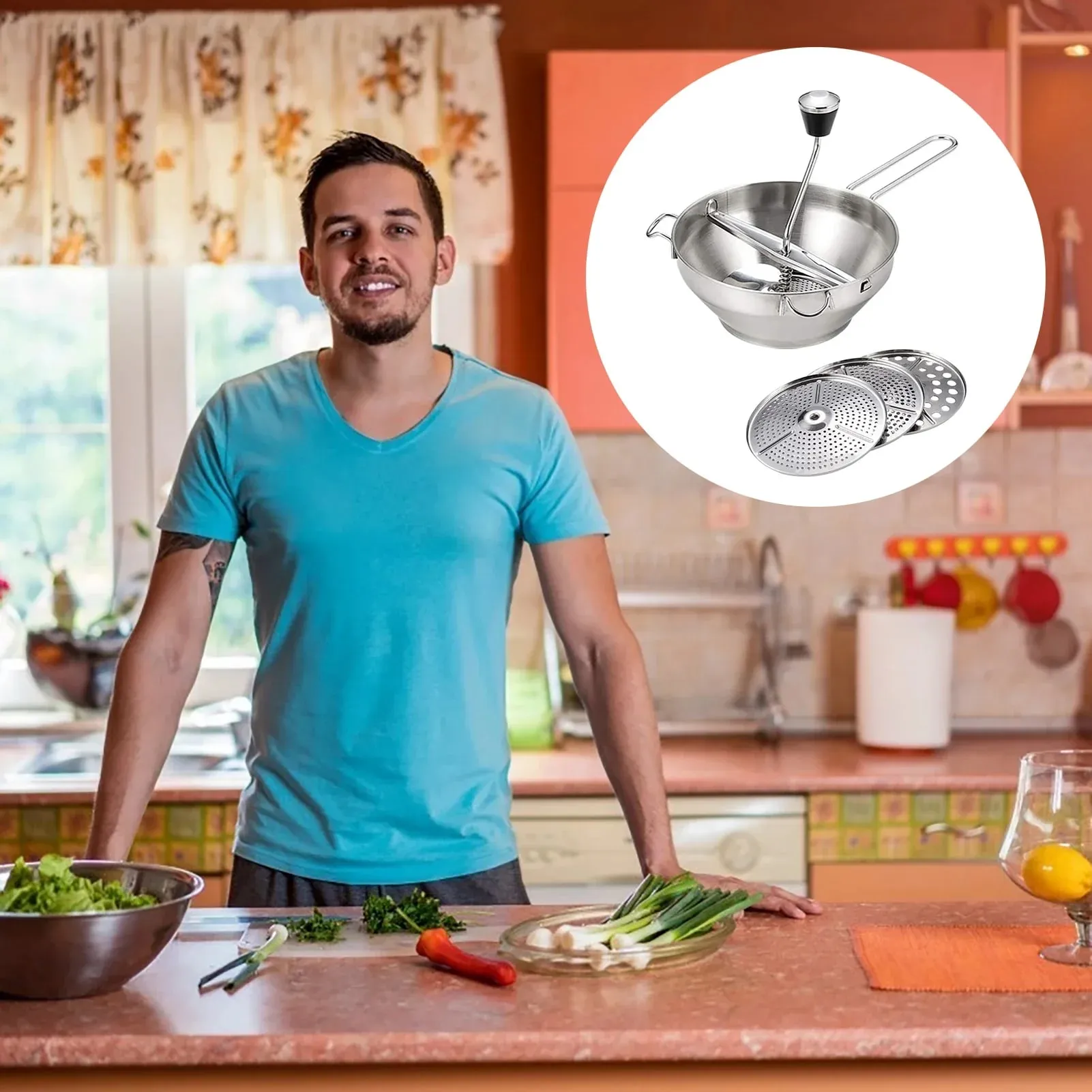 Stainless Rotary Food Mill Multifunctional Jams Mill with 3 Discs Durable Food Manual Grinder Vegetable Mud