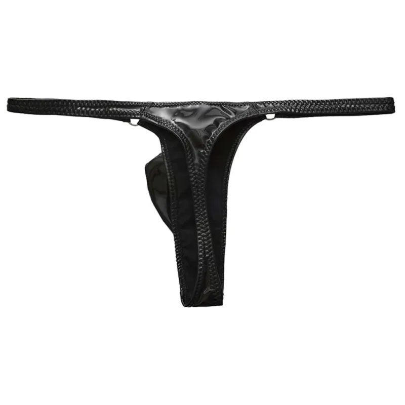 1pc Men Shiny Leather Waist With Metal Ring G-strings Thongs Gay Bulge Pouch Low Waist Stretchy Underwear Butt-Exposing Sexy — image 2
