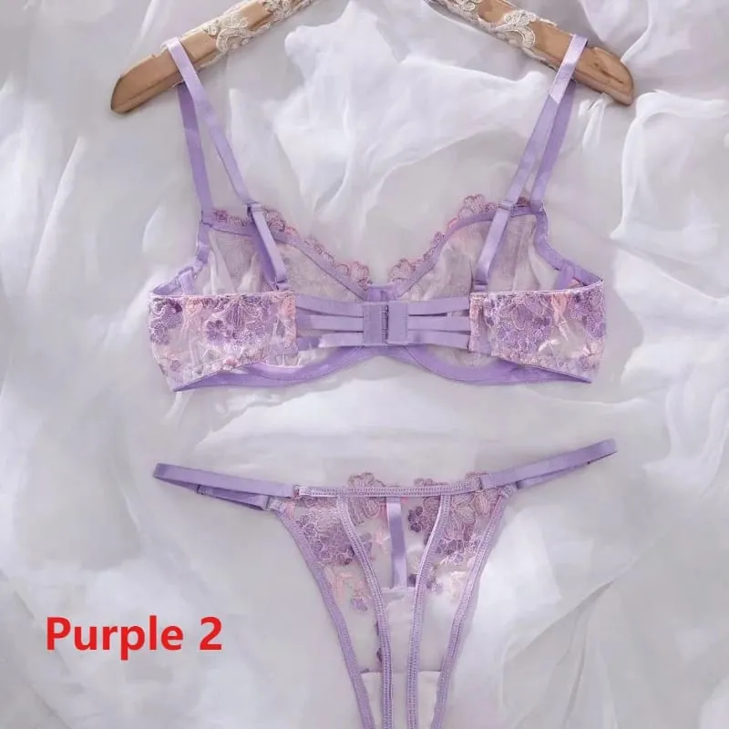 Women Transparent Bralette Underwire 2 Piece Bra and Panty Set Floral Embroidery Sexy Lingerie Set Push Up Bra Panty Underwear — image 6