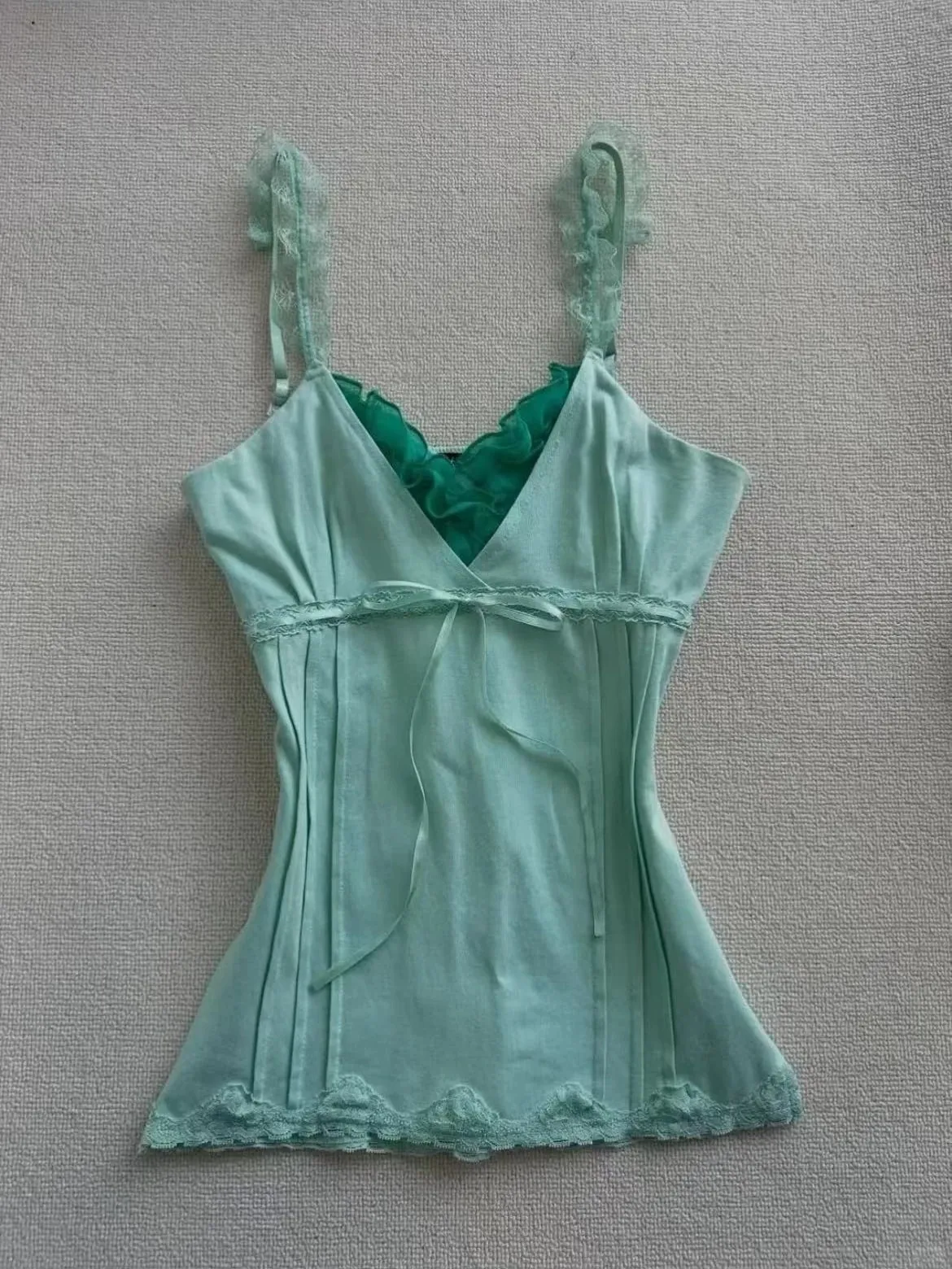 Women Retro Y2K Fairy Cami Tank Top Spaghetti Strap Mint Green Lace Bow Slim‑Fit Coquette Aesthetic Summer Casual Party Tops — image 1