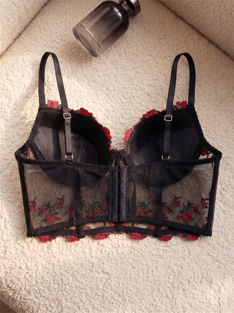 Women's Fishbone Bra Set Romantic Floral Embroidery Mesh Intimate Underwear Padded Push Up Brassiere&Thong 2 Pieces Lingerie Set — image 7