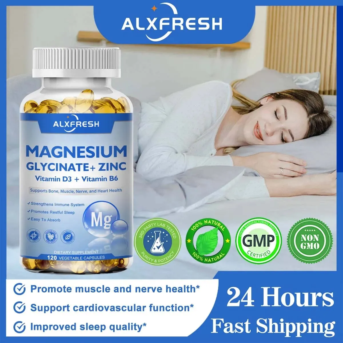 Magnesium Glycinate 500mg Kapslar Hög Absorption med Zink Vitamin D3 B6 Stöd Kosttillskott Stress & ångestlindring — image 1
