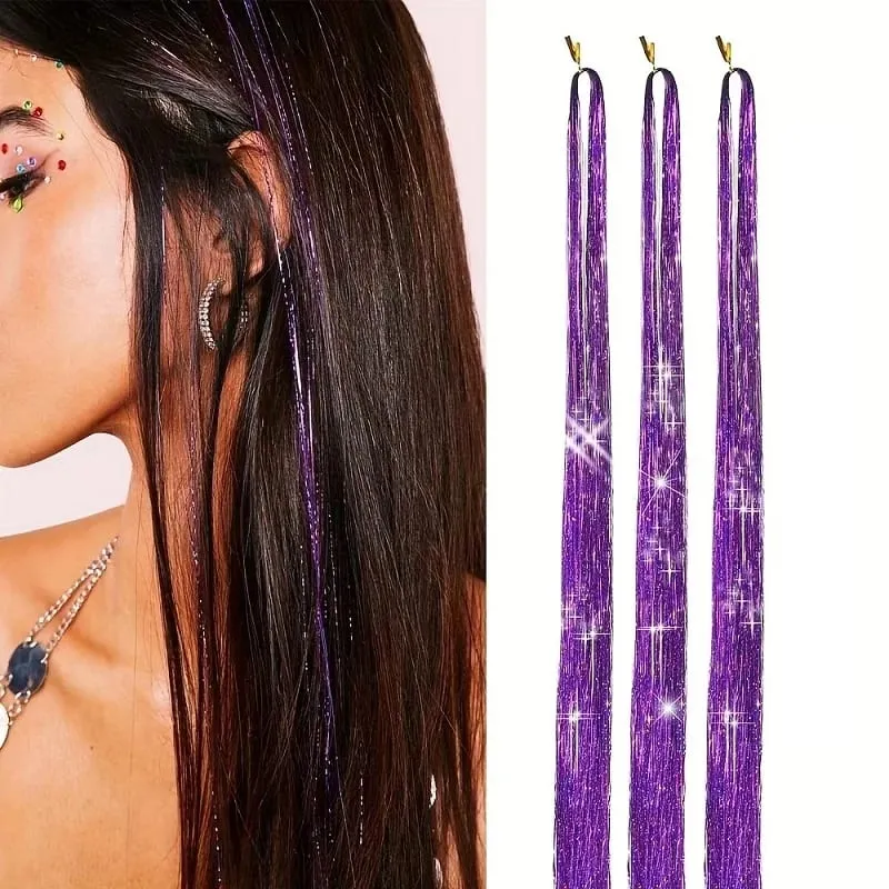 90cm Synthetic 3pcs/set Rainbow Colored Shiny Hair Laser Tinsel Long Straight Heat-Resistant Fairy Hair Extensions Party Daily — image 13