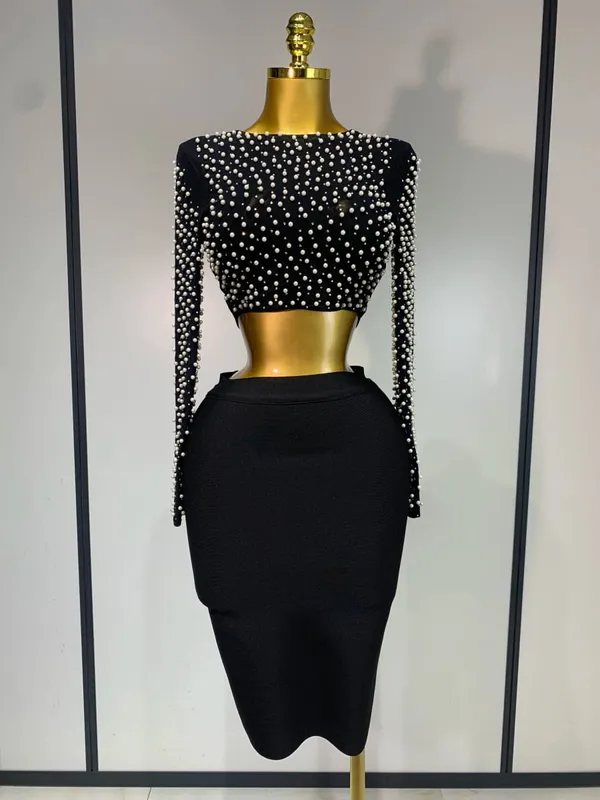 Vrouwen Sexy Lange Mouw Mesh Parel Top Celebrity Midi Vrouwen Bandage Set 2025 Designer Avondfeest Luxe Verjaardag Tweedelige Set — image 7