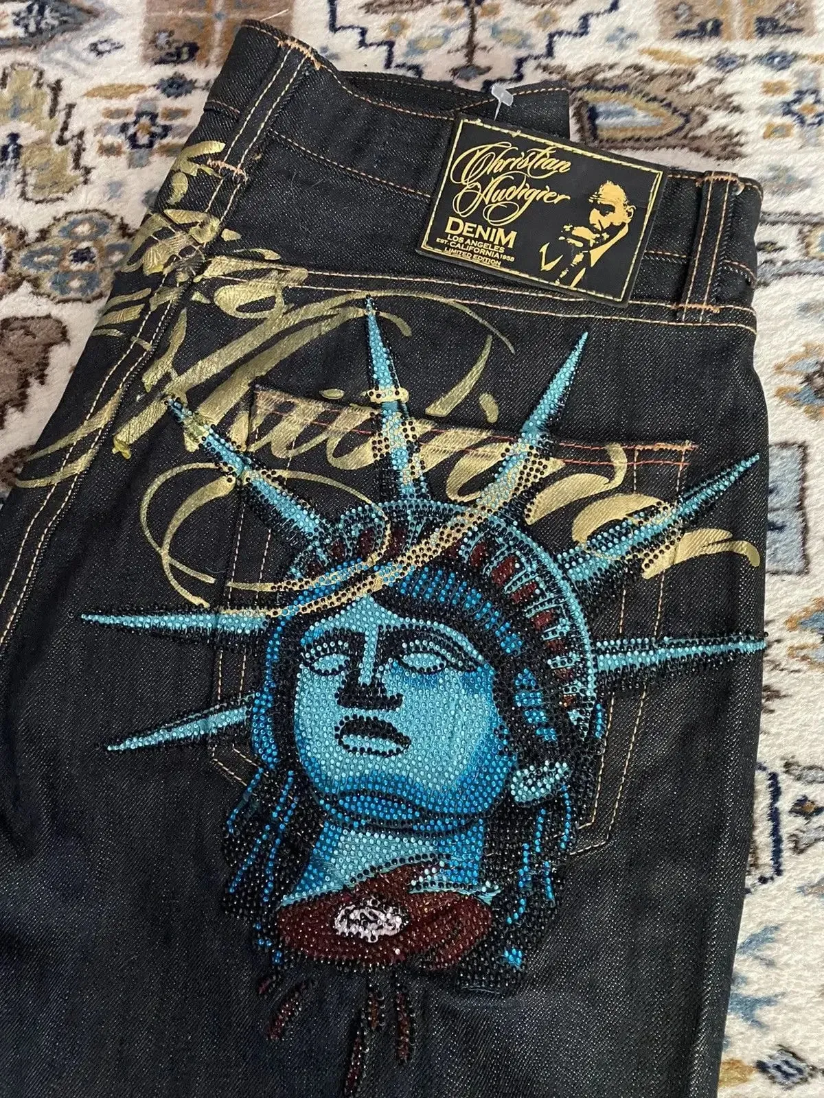 Harajuku Y2k Diamonds Wide Leg Jeans 2000s Casual Denim Pants High Waist Straight Jeans Vintage Statue of liberty Men Clothing — image 3