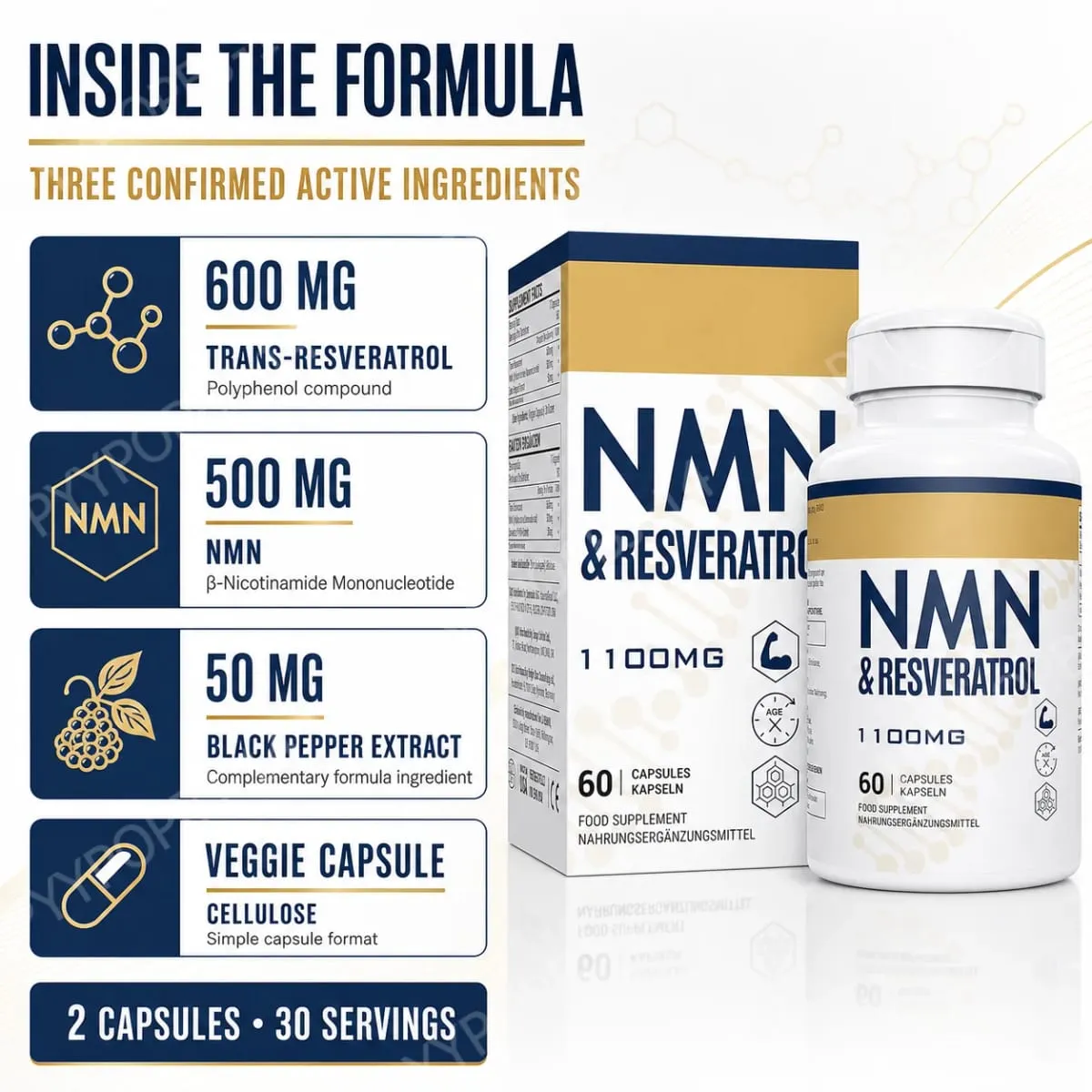 NMN+Resveratrol 60 Capsules Powerful Antioxidant Supplement for Heart Health & Anti-Aging Enhanced with Black Pepper Extract — image 4