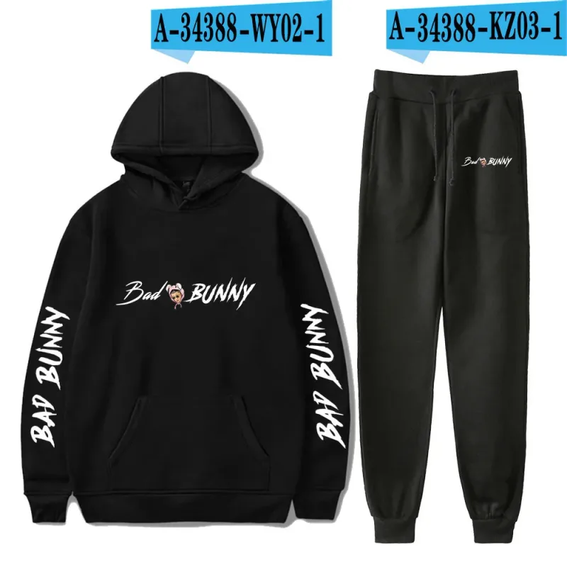 Harajuku Comfortable Funny bad bunny Print Sweatshirt Sweatpants Suit Men/Women Hoodies+ Trousers Suit Cute 2 Piece Set Clothes — image 1