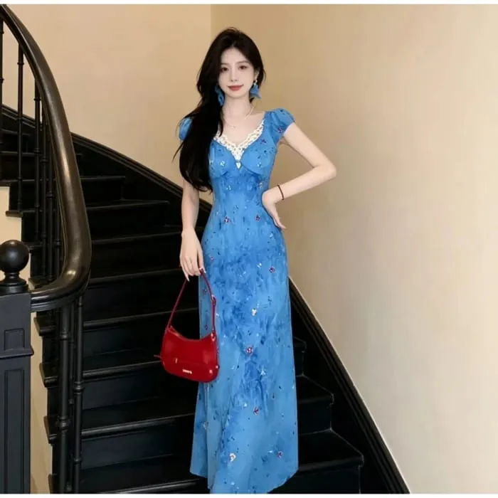 Elegant Blue Lace Splice Beach Vacation Style Tea Break Dress High Waist A-Line Skirt Short Sleeve V-Neck Commute Korean Style