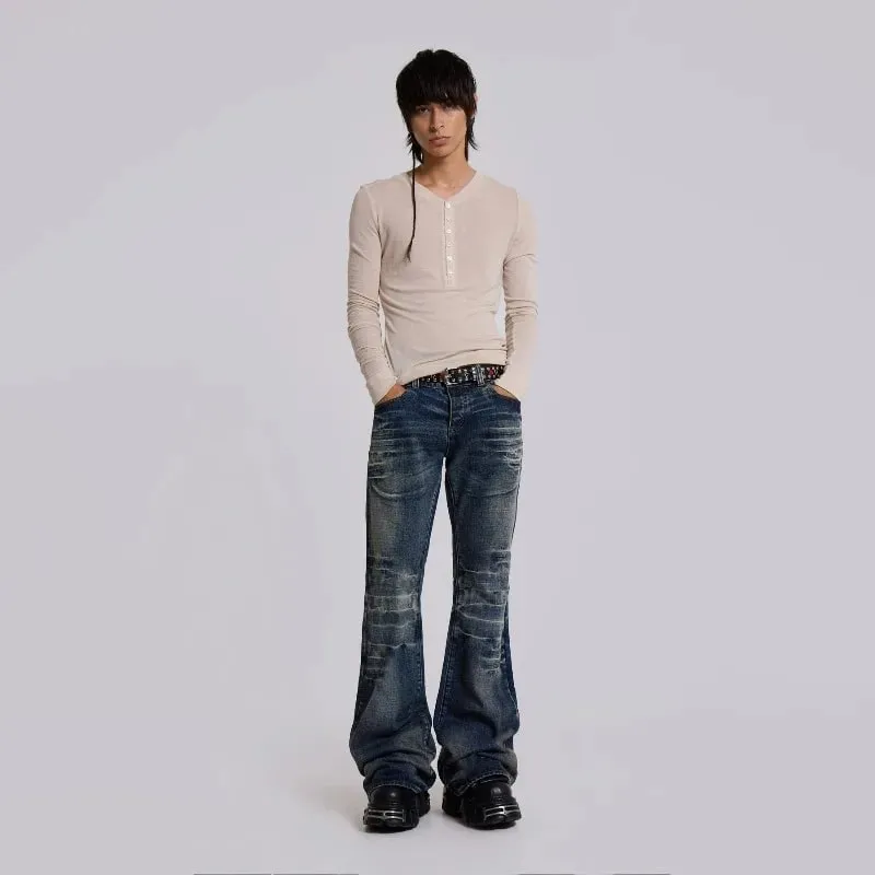 Y2K Vintage Flared Jeans Mid Blue Washed Men Women Bootcut Jeans American Hip Hop Distressed Streetwear Unisex Wide Leg Pants — image 4