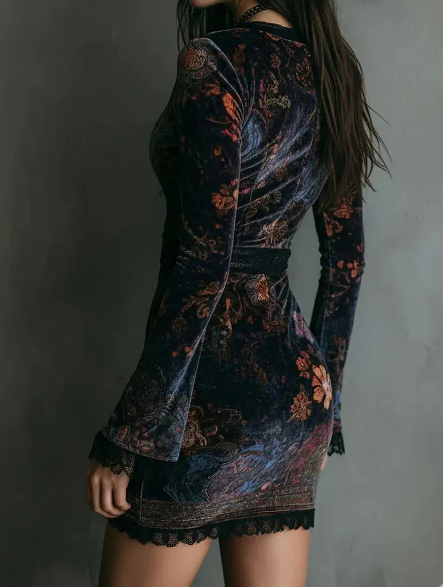 Velvet Flroal Printed Lace Patchwork Slim Mini Dress Long Sleeve Sexy V-neck Gothic Retro Women's Autumn Vintage Dress 2025 — image 2