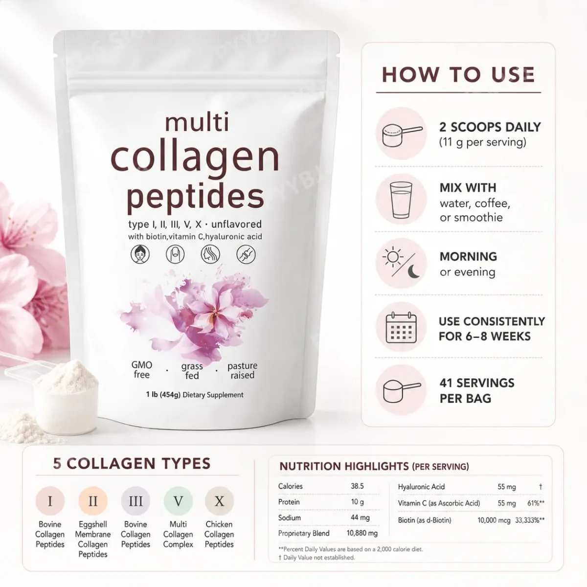 Polvo de péptidos múltiples de colágeno, mezcla de colágeno sin sabor de 454g con vitamina C, biotina, ácido hialurónico, soporte para piel, cabello y uñas