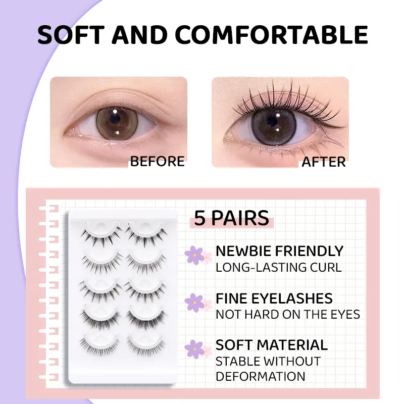 5 Pairs Mixed Style Manga Self Adhesive False Eyelashes Glue-Free Reusable Natural Strip Lashes for Daily Eye Makeup — image 6