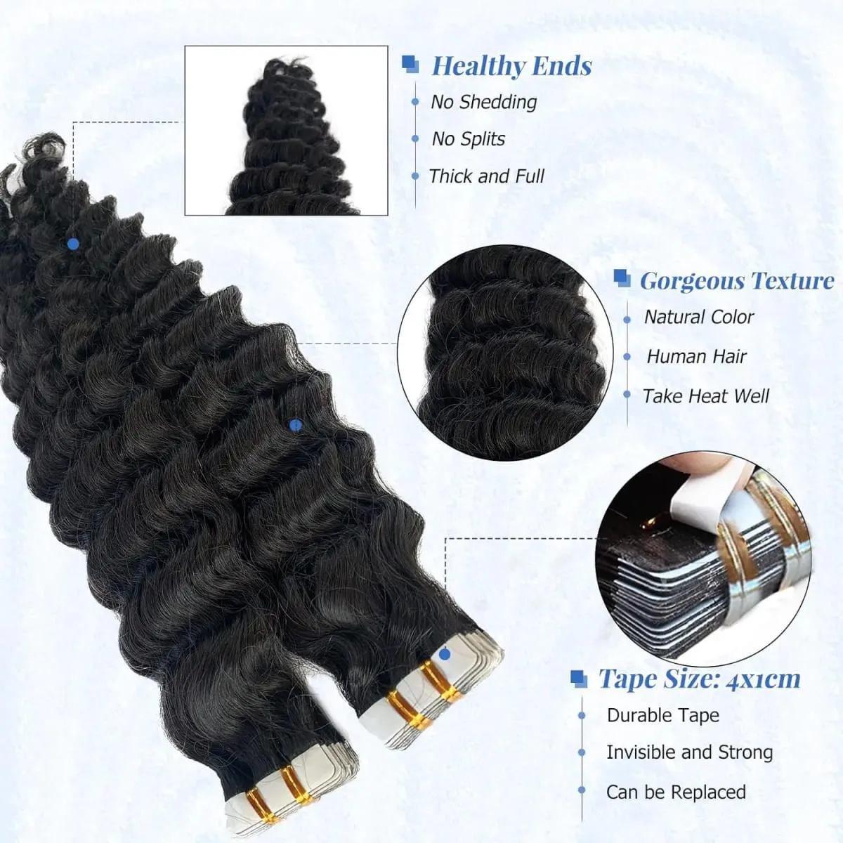 Deep Wave Tape In Hair Extensions Natural Black 100％ Human Hair 20pcs/50g Curly Tape Ins Invisible Seamless Replaceable Glue #1B