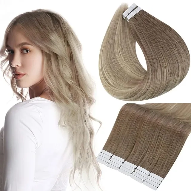 Full Shine Tape in Hair Extensions Human Hair Seamless Silky Straight Skin Weft 20Pcs 50G Add Length for Wedding