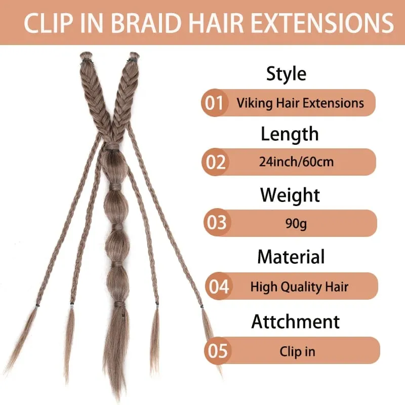 Clip in Braid Synthetic Hair Extensions Boho Festival Princess Braid Viking Renaissance Cosplay Wedding Hairpiece for Women