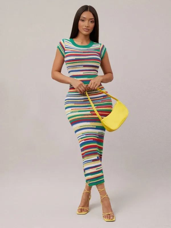 Multi-color rainbow-striped knitted round-neck short-sleeved dress suitable for various daily outfits elegant and casual women