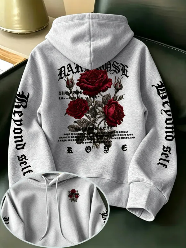 Men's Gothic Rose Hoodie Dark Red Rose Letter Graphic Back Sleeve Print Vintage Oversized Pullover Sweatshirt Streetwear Autumn — image 2