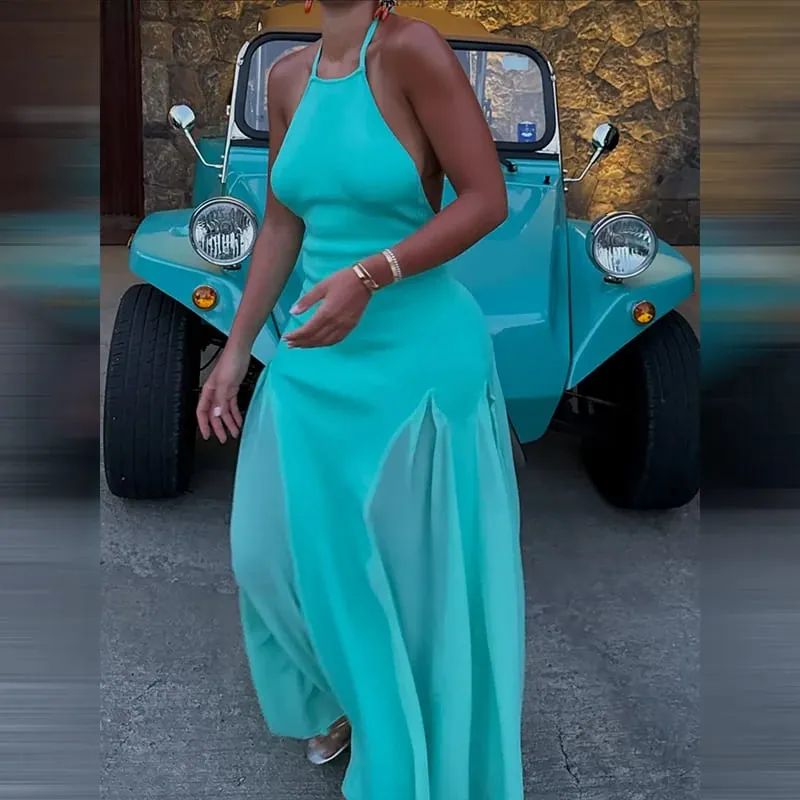 Women's Halter Neck Open Back Maxi Dress Ribbed Knit Top Flowy Chiffon Hem Bodycon Female Summer Evening Vacation Party Dress — image 6