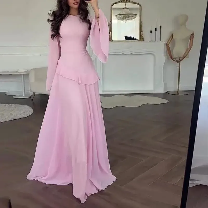 Women Chiffon Solid Ruffled Dress Flare Sleeve Round Neck 2025 New Elegant Maxi Gown Evening Party Fashion Holiday Lady — image 6