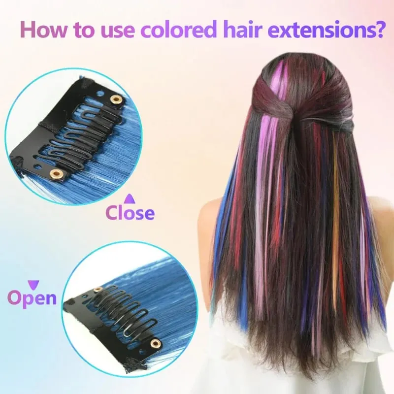 1 5 11 Pcs/lot Clip in Hair Extensions Multi-Colors Highlights Synthetic Hair 22 inch Rainbow Hairpieces for Girls Women 2030 — image 5