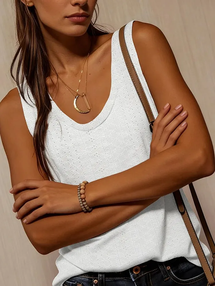 Women's Tank Top Spring Summer White V Neck Sleeveless Perforated Texture Relaxed Fresh Elegant Daily Casual Top — image 5