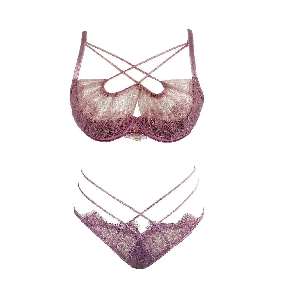 French Lace Embroidery Cross Strap Lingerie Set Mesh Push Up Bra Panty Hollow Sexy Women Intimate Underwear Suit S-XL Party Wear — image 3