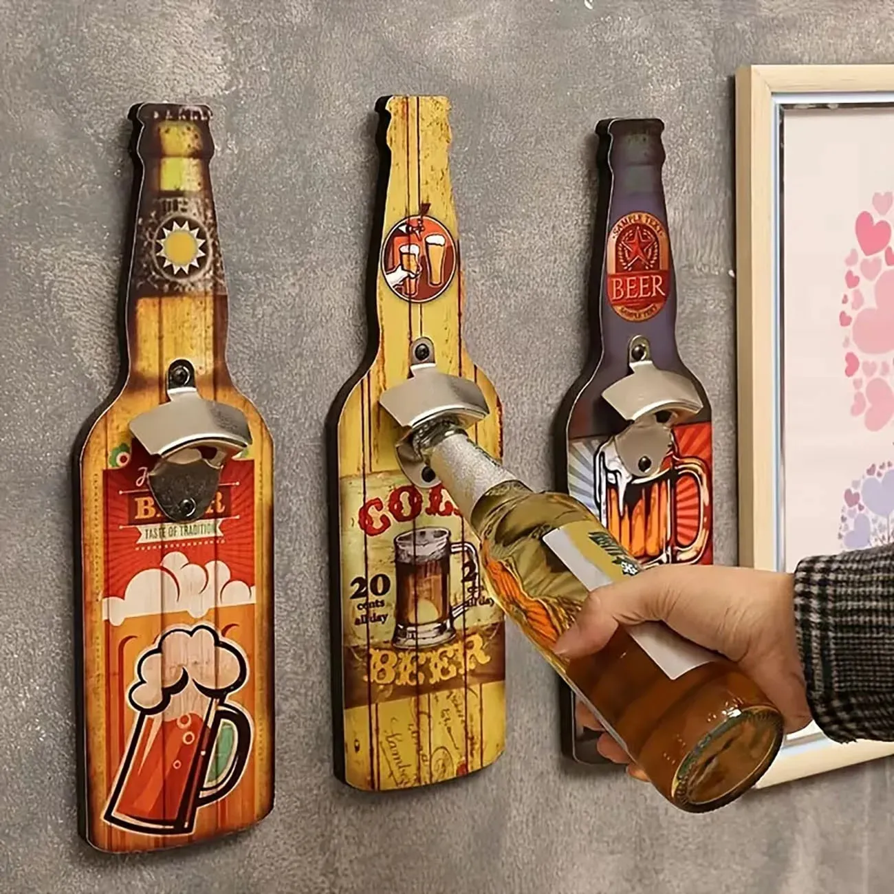 Vintage Beer Bottle Shaped Wooden Opener Cartoon Cowboy Holding Beer Mug Pattern Wood Accessory for Indoor Bar Wall Decoration — image 1