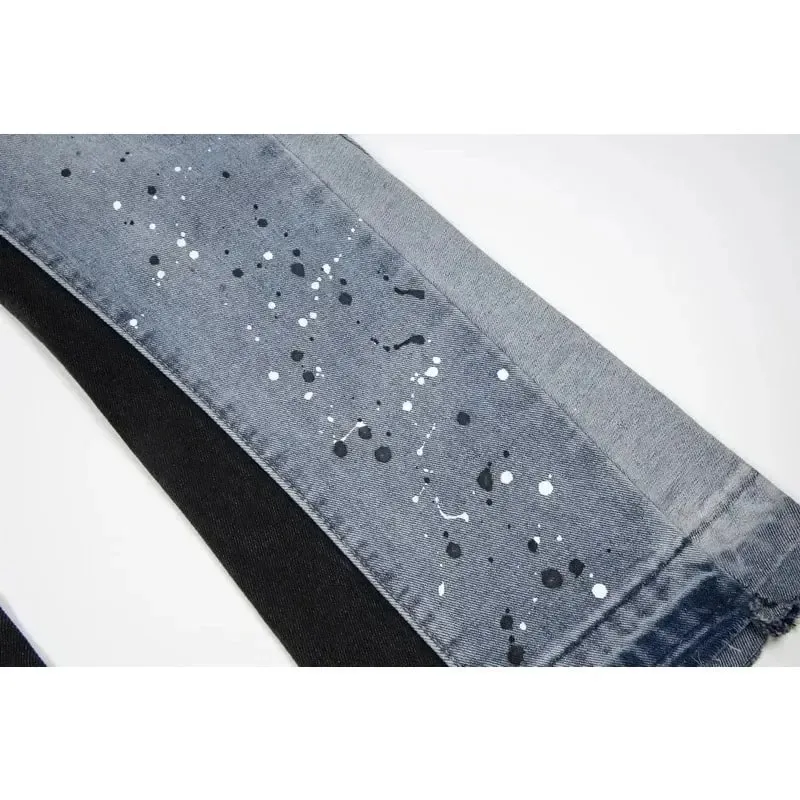American Streetwear Splashed Ink Patchwork Baggy Jeans Men Women Clothing Tie Dye Trendy Pants Straight Slim Micro-flard Pants — image 5