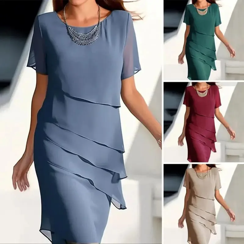 Women's Party Dress Chiffon Short Sleeve Round Neck Layered Asymmetrical Hem Formal Cocktail Dress — image 2