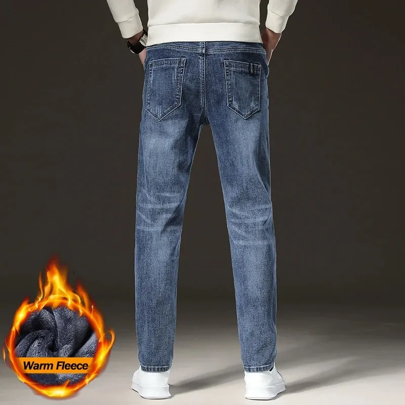 Warm Winter Jeans Men's Fleece Light Blue Slim Straight Denim Pants High Quality Thicken Velvet Elastic Comfort Casual Trousers — image 4