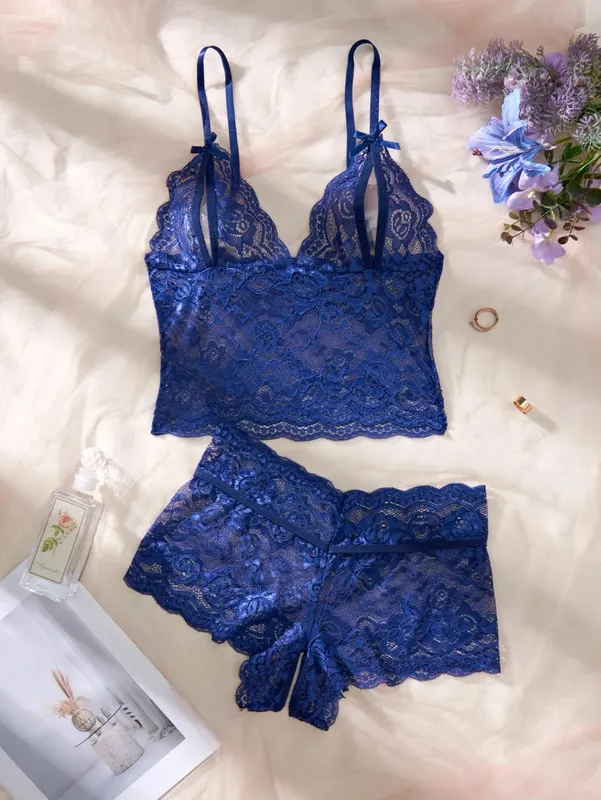 Women Black Open-Back Lace Two-Piece Panties Underwear Sleep Set — image 8