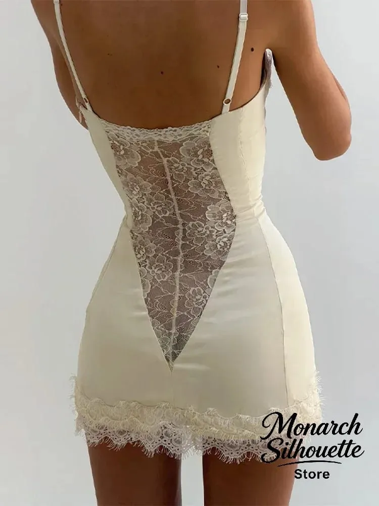 Solid Satin Lace Corset Mini Dress Women Sexy Spaghetti Strap Sheer Panel Slim Fit Short Dresses 2026 Trendy Lady Night Out Wear