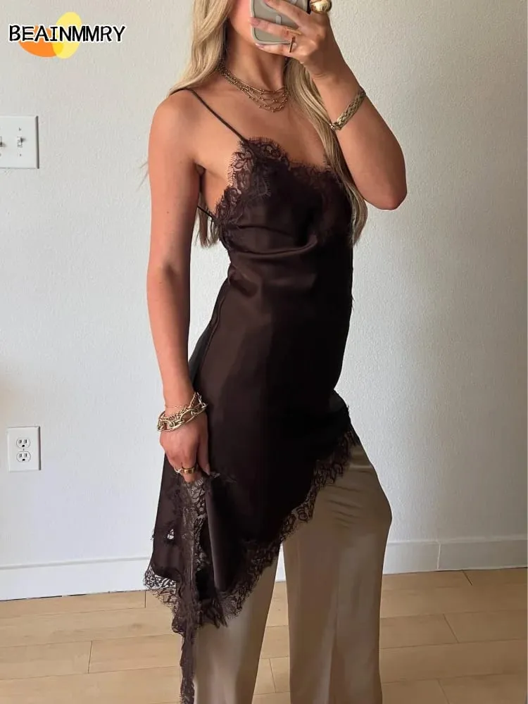 Brown Satin Lace Splicing Sling Dress Women Elegant Irregular Hem V Neck Backless Sleeveless Gown Chic Women Party Club Vestidos — image 5
