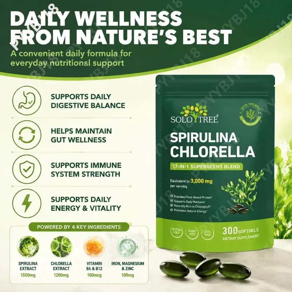 Solo Tree Spirulina Chlorella Softgels with Organic Microalgae Vitamin B6 B12 Digestive Balance & Immune Support 300 Softgels — image 3