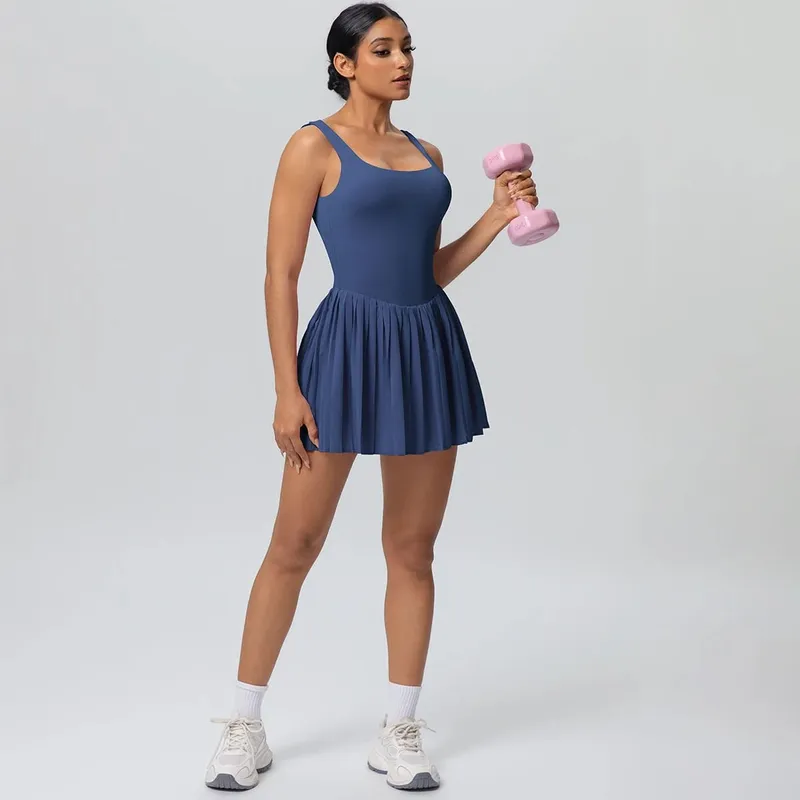 New Lifting Sports Jumpsuit Tennis Skirt With Pockets Yoga Womens Dresses Breathable Naked Feel Backless Female Sportswear — image 6