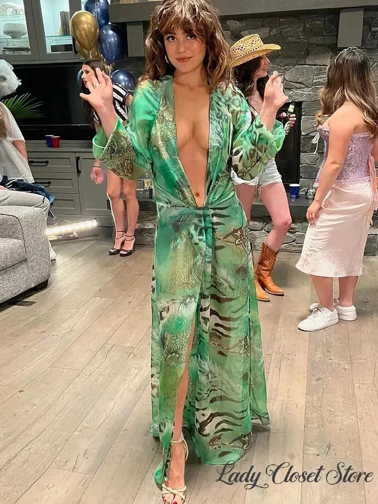 Woman Tiger Stripe Print Deep V-neck Dress Sexy Backless Long Sleeve Dresses 2026 Summer Vacation Beach Party Elegant Vestidos — image 5