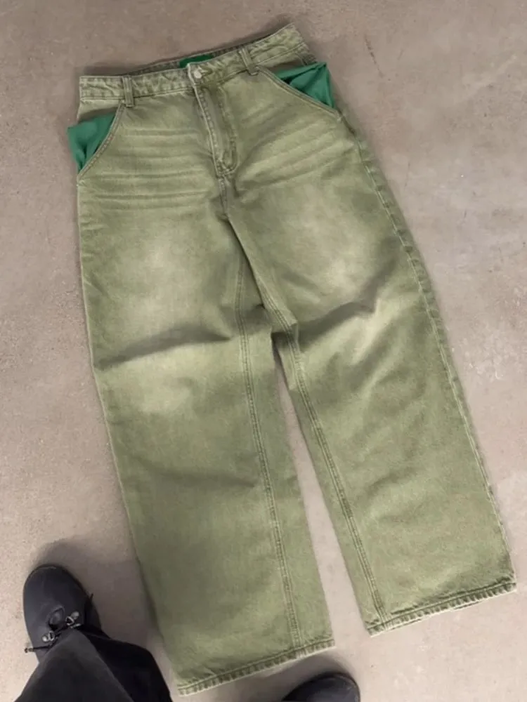 Mens Jeans Matcha Green Washed Gradient Denim Pants Harajuku Unisex Loose Fit Straight Leg Wide Leg Casual Streetwear Fashion — image 4