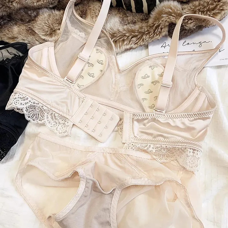 Size Thin Cotton Cup Intimates Lace Women Sexy Push Up Lingerie Sets Wireless Silky Satin Mesh Luxury Lady Underwear — image 6