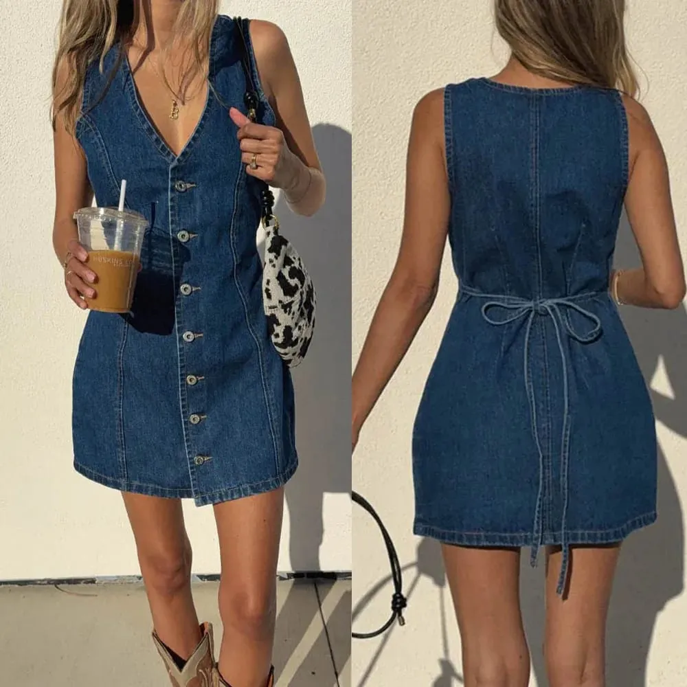 Sukienka dżinsowa damska sukienki średniej długości kamizelka Vestidos Y2k Streetwear elegancki splot nocna impreza praca V Neck bez rękawów wąska talia