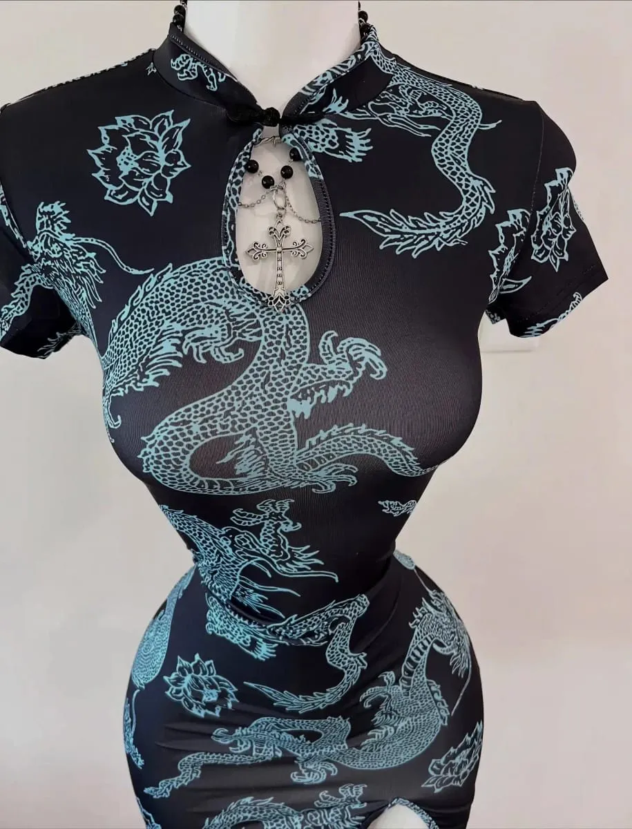 National Trend Style Dragon Pattern Improved Cheongsam Short-Sleeved Stand-Up Collar with Buttoned Sexy Slit Short Skirt — image 5