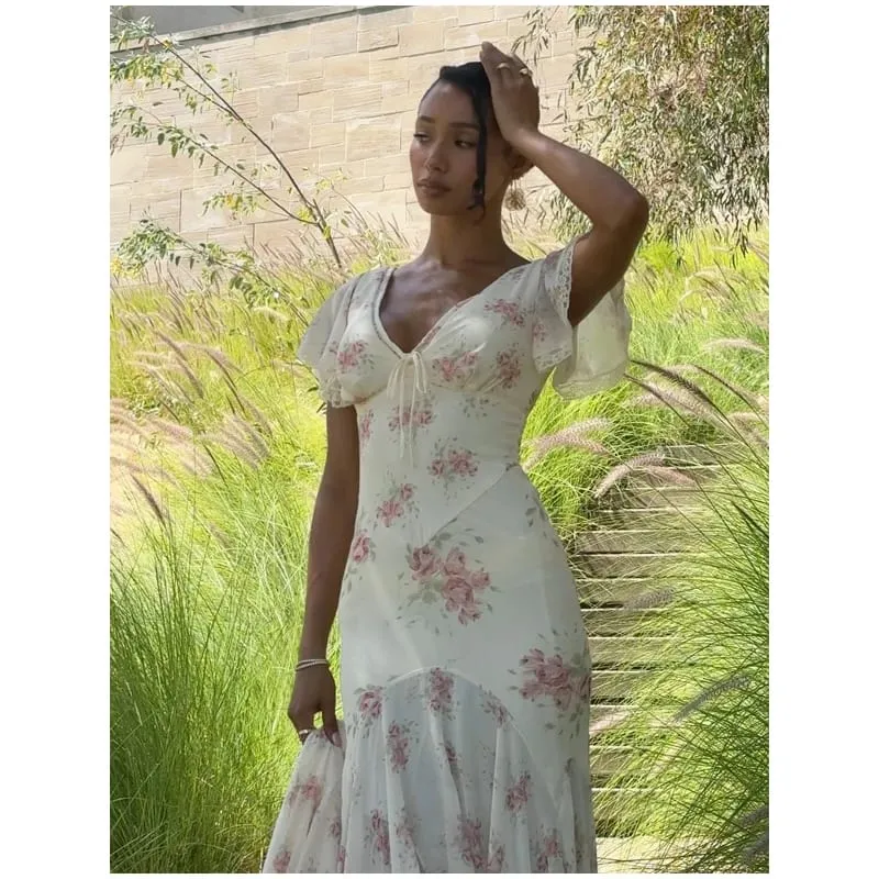 Women Chic Pink Floral Print Maxi Vestido Elegant V Neck Ruffle Trim Flare Sleeve Ruched High Chiffon Dress 2026 Party Outfit — image 21
