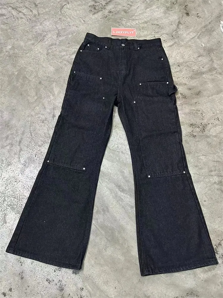 Men's Splicing Black Straight Jeans Spring Trousers Street Style Hip-hop Sweatpants Cool Boys Bottoms Male High Waist Pants — image 5